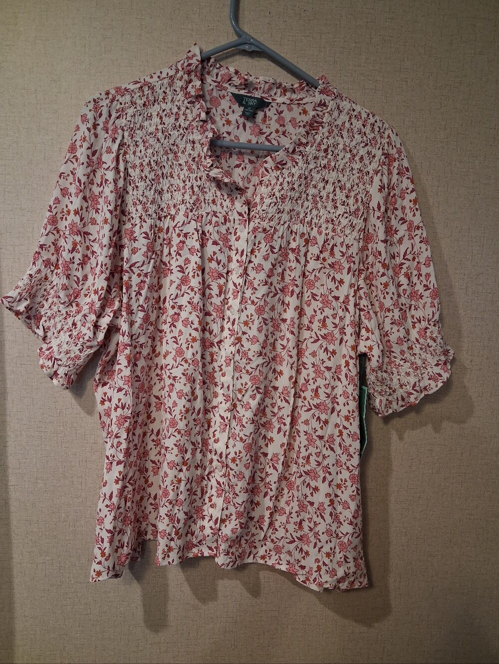 Terra & Sky Cream Blouse with Pink Floral Smocked Yoke Sz 1X